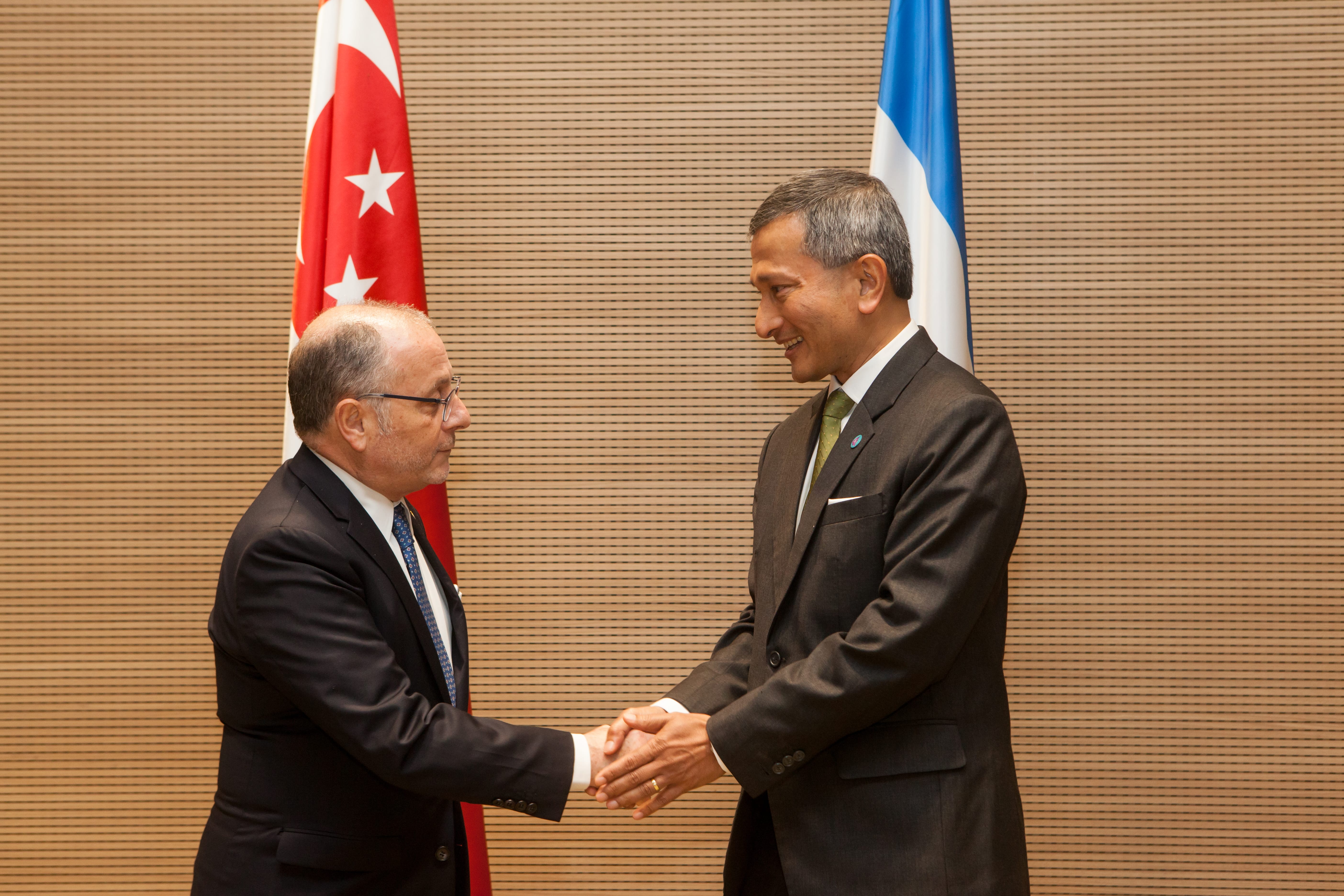 Two men in suits shake hands, Singapore and Finland flags in background.